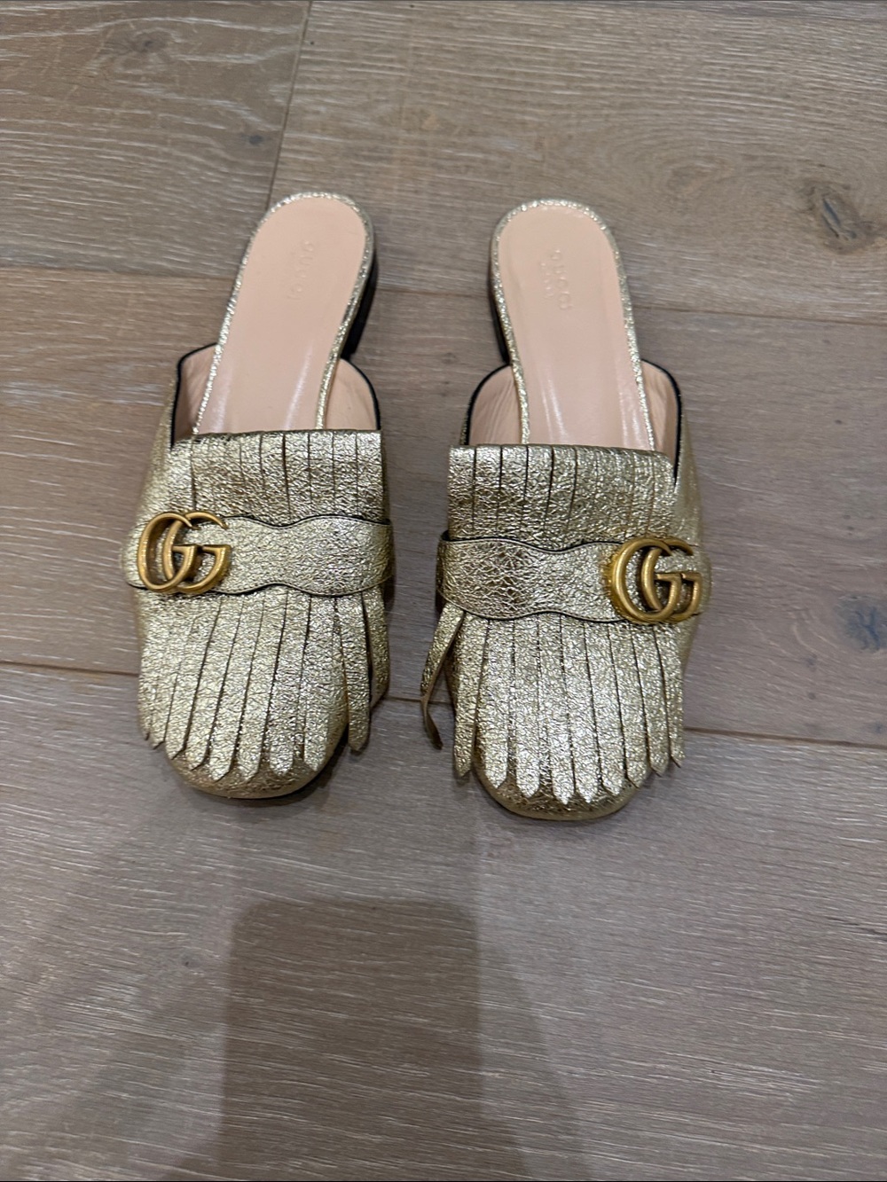 Gold Fringe Leather Slide Mules with Double-G Accent - Picture 1 of 4